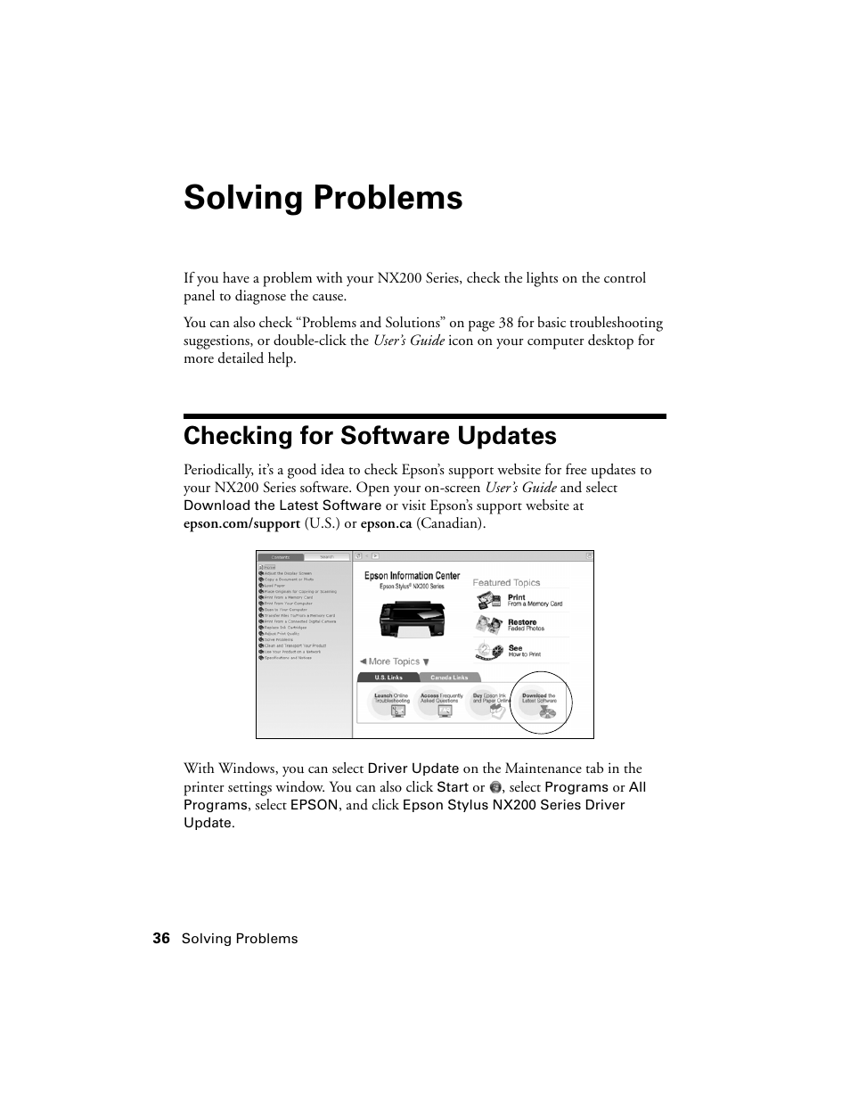 Solving problems, Checking for software updates | Garmin STYLUS NX200 User Manual | Page 36 / 48