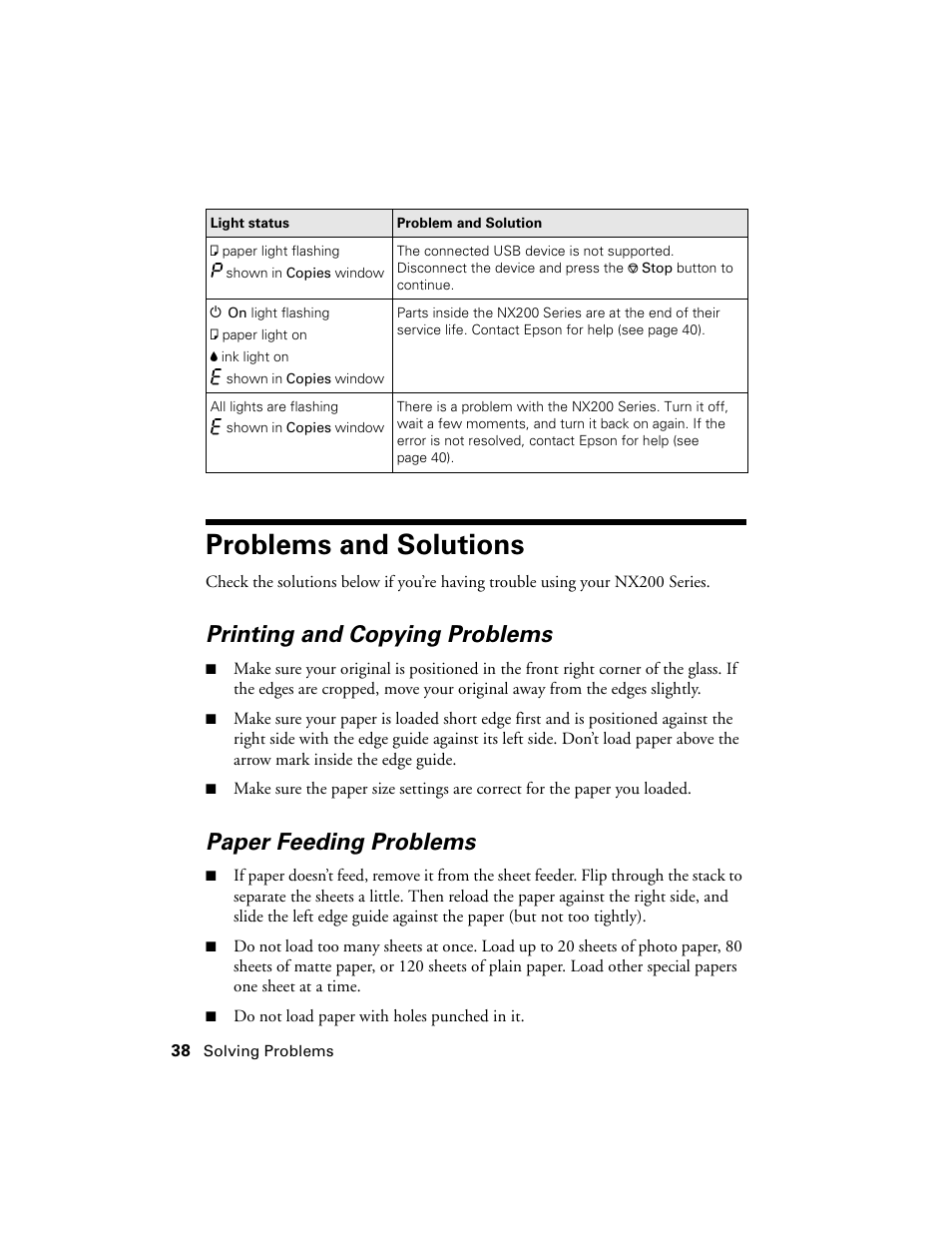 Problems and solutions, Printing and copying problems, Paper feeding problems | Garmin STYLUS NX200 User Manual | Page 38 / 48