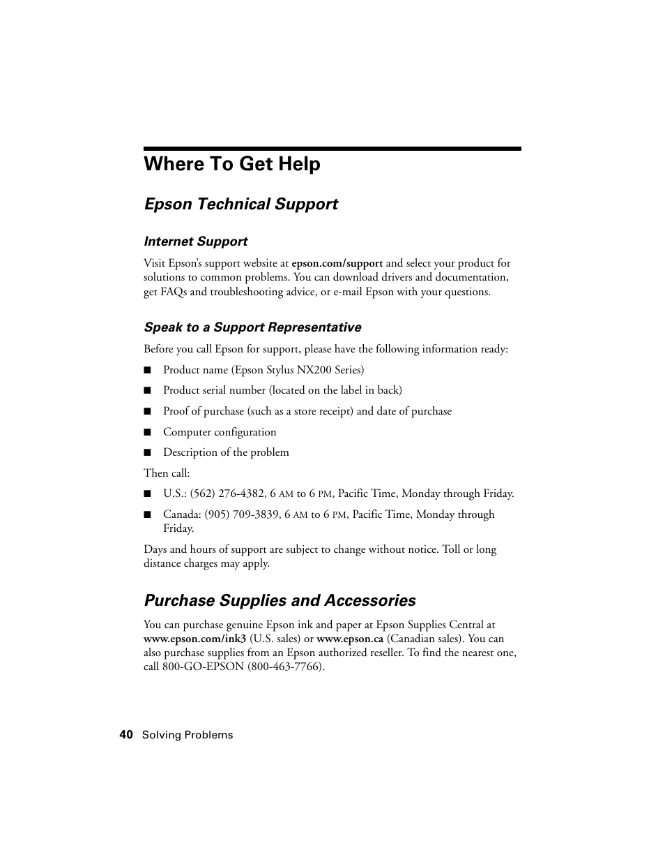 Where to get help, Epson technical support, Purchase supplies and accessories | Garmin STYLUS NX200 User Manual | Page 40 / 48