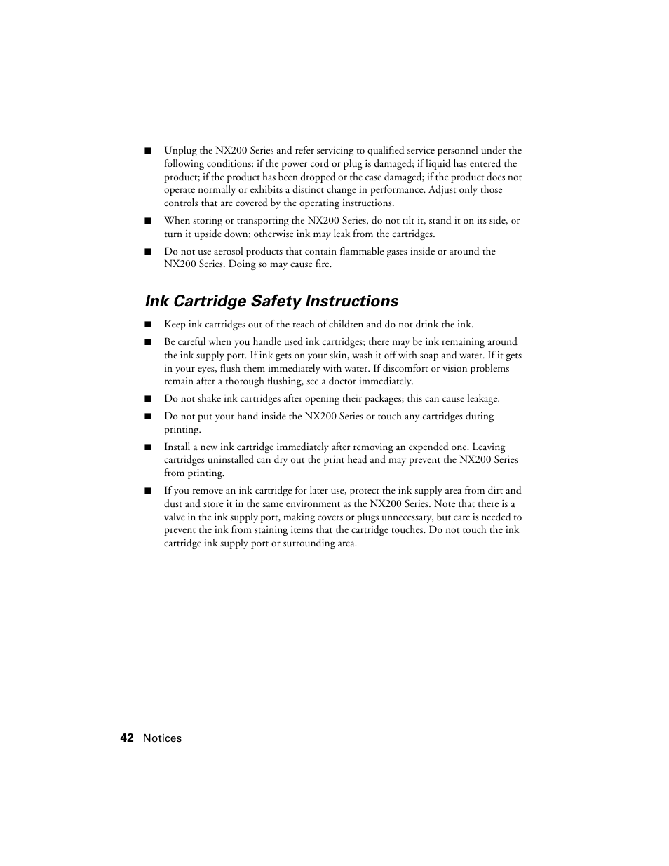 Ink cartridge safety instructions | Garmin STYLUS NX200 User Manual | Page 42 / 48