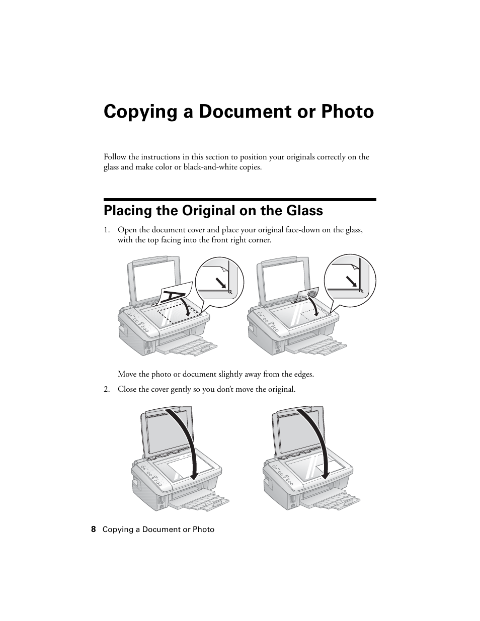 Copying a document or photo, Placing the original on the glass | Garmin STYLUS NX200 User Manual | Page 8 / 48