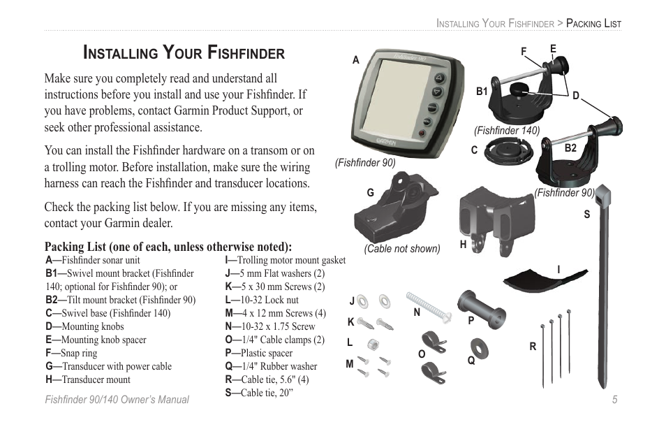 Installing your fishfinder, Installing your fishﬁnder | Garmin 90/140 User Manual | Page 11 / 32
