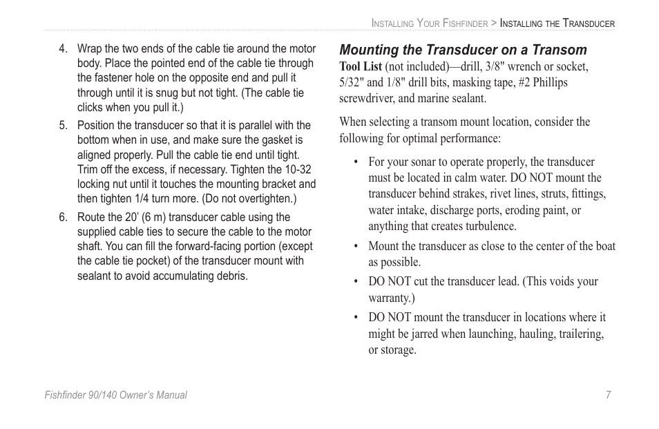 Mounting the transducer on a transom | Garmin 90/140 User Manual | Page 13 / 32
