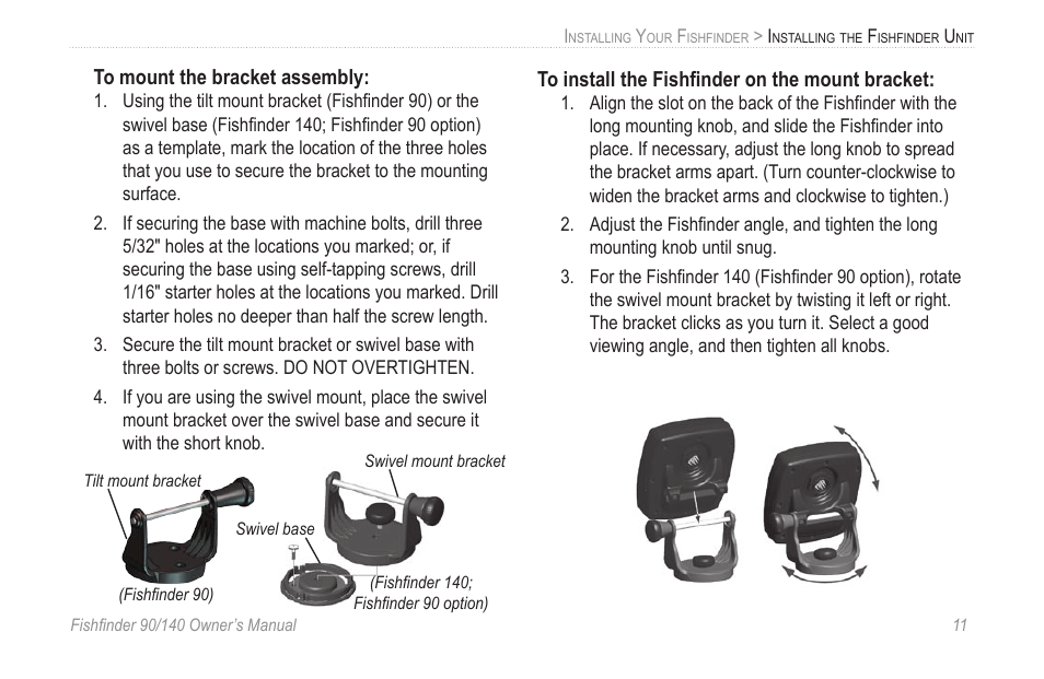 To install the fishfinder on the mount bracket, To install the fishﬁnder on the mount bracket | Garmin 90/140 User Manual | Page 17 / 32