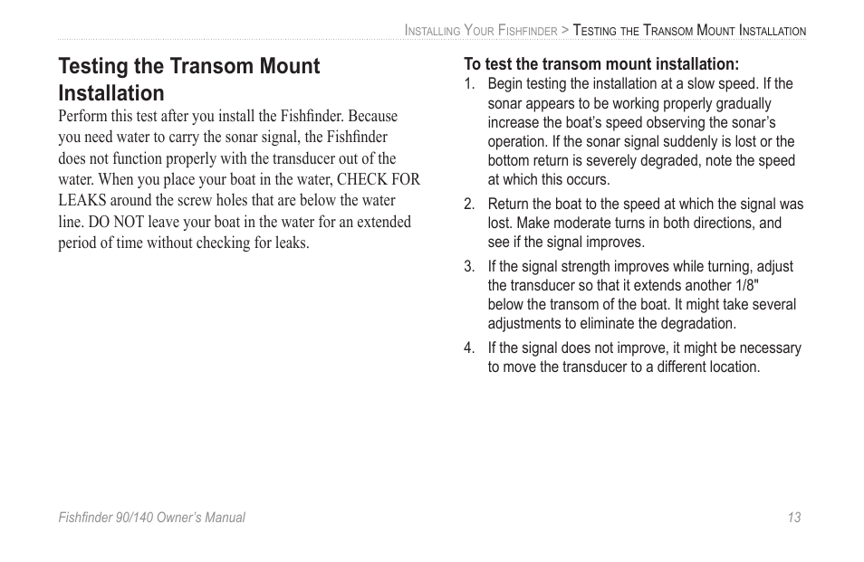 Testing the transom mount installation | Garmin 90/140 User Manual | Page 19 / 32