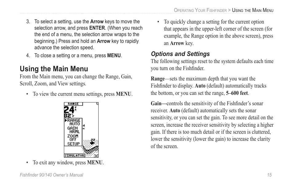 Using the main menu, Options and settings | Garmin 90/140 User Manual | Page 21 / 32