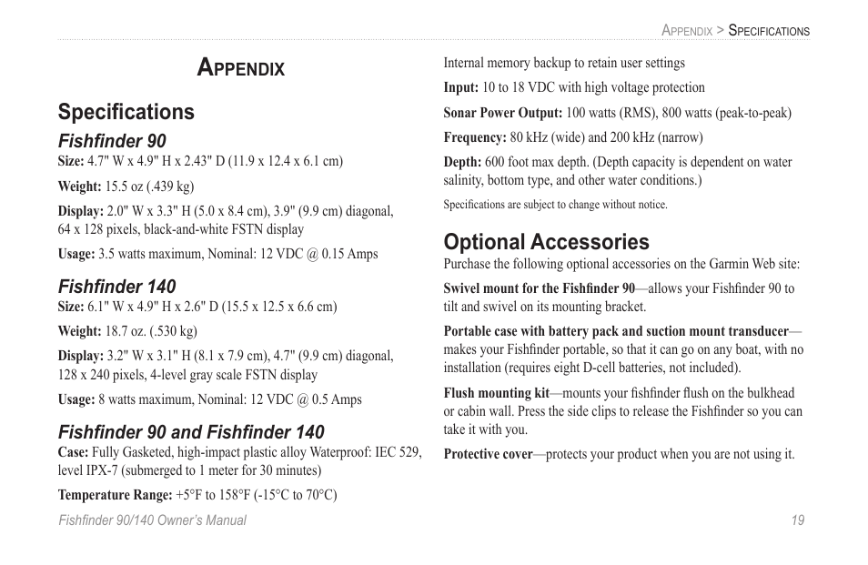 Appendix, Specifications, Fishfinder 90 | Fishfinder 140, Fishfinder 90 and fishfinder 140, Optional accessories, Speciﬁcations, Fishﬁnder 90, Fishﬁnder 140, Fishﬁnder 90 and fishﬁnder 140 | Garmin 90/140 User Manual | Page 25 / 32