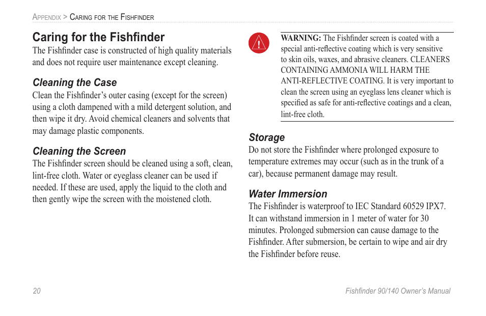 Caring for the fishfinder, Cleaning the case, Cleaning the screen | Storage, Water immersion, Caring for the fishﬁnder | Garmin 90/140 User Manual | Page 26 / 32