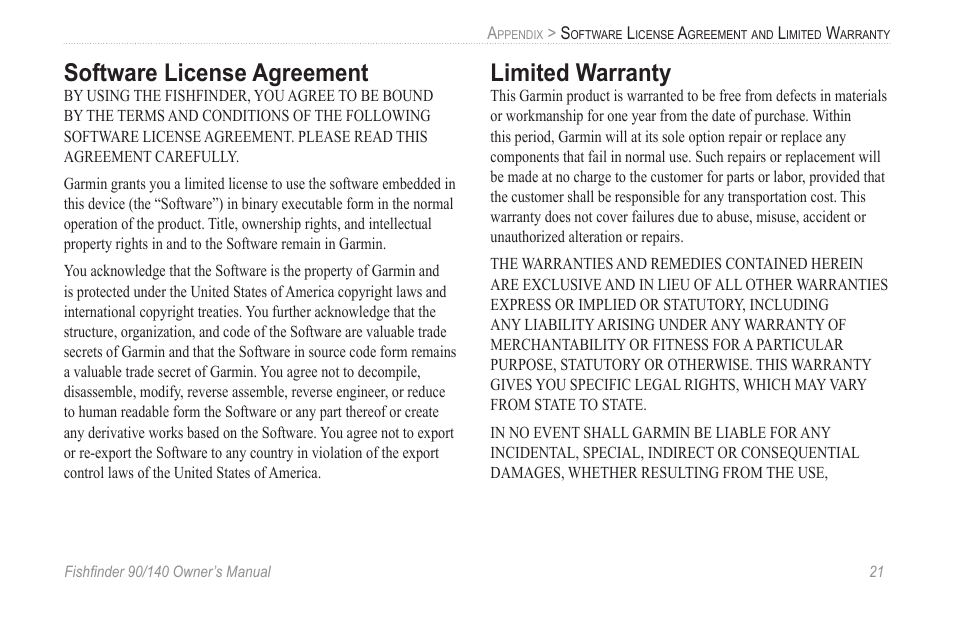 Software license agreement, Limited warranty | Garmin 90/140 User Manual | Page 27 / 32