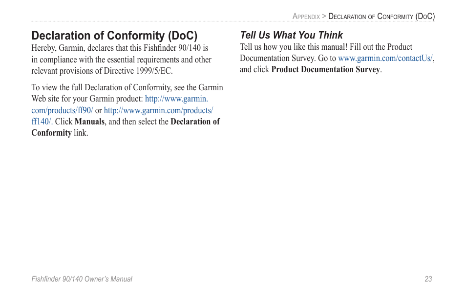 Declaration of conformity (doc), Tell us what you think | Garmin 90/140 User Manual | Page 29 / 32