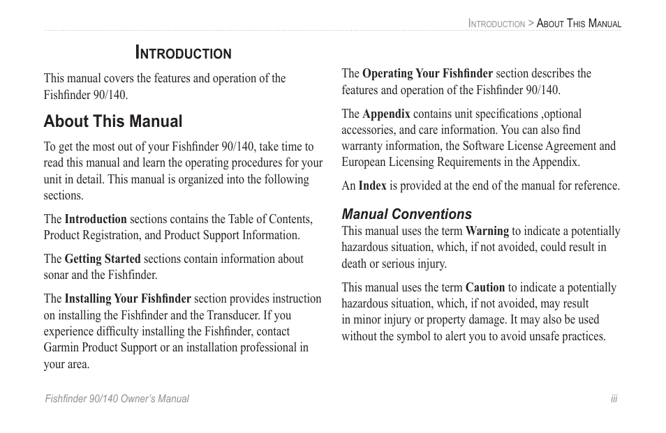 Introduction, Manual conventions, About this manual | Garmin 90/140 User Manual | Page 3 / 32