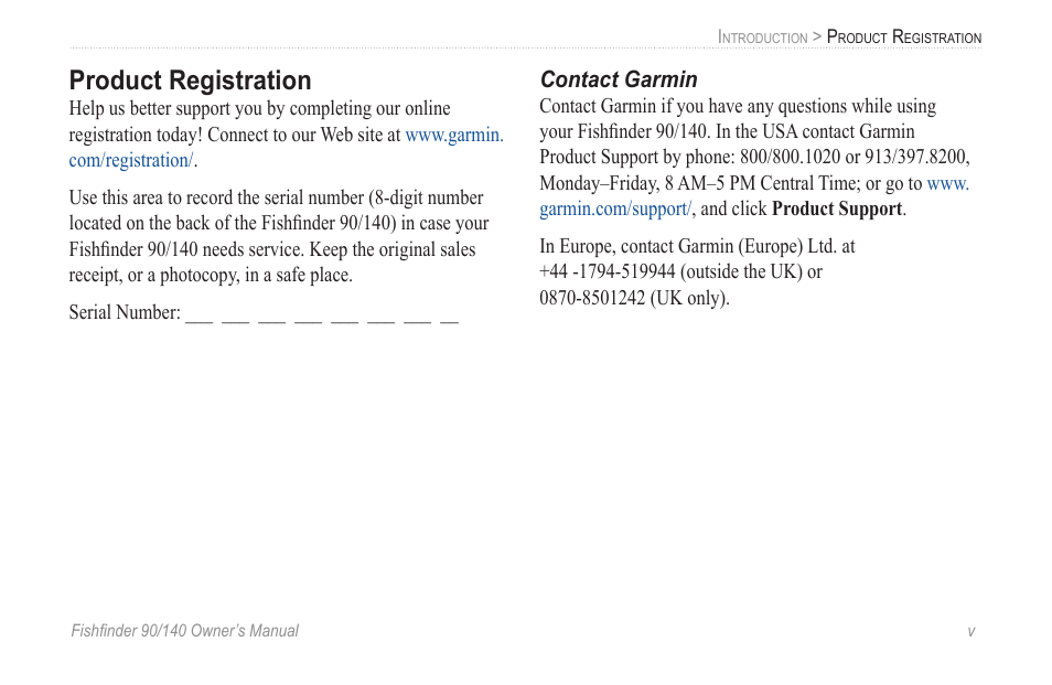 Product registration, Contact garmin | Garmin 90/140 User Manual | Page 5 / 32