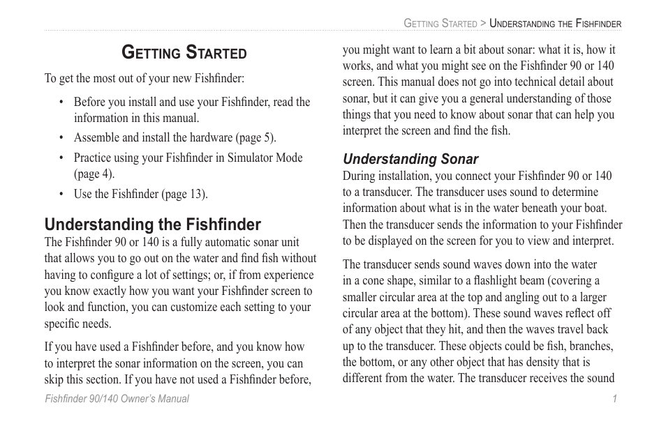 Getting started, Understanding the fishfinder, Understanding sonar | Understanding the fishﬁnder | Garmin 90/140 User Manual | Page 7 / 32