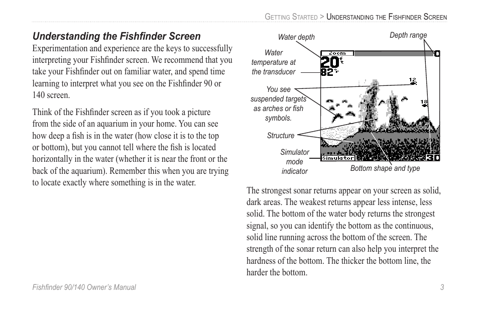 Understanding the fishfinder screen, Understanding the fishﬁnder screen | Garmin 90/140 User Manual | Page 9 / 32