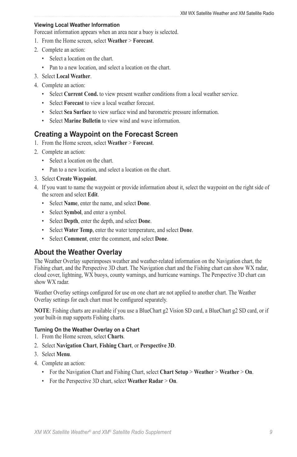 Creating a waypoint on the forecast screen, About the weather overlay | Garmin XM WX User Manual | Page 13 / 22