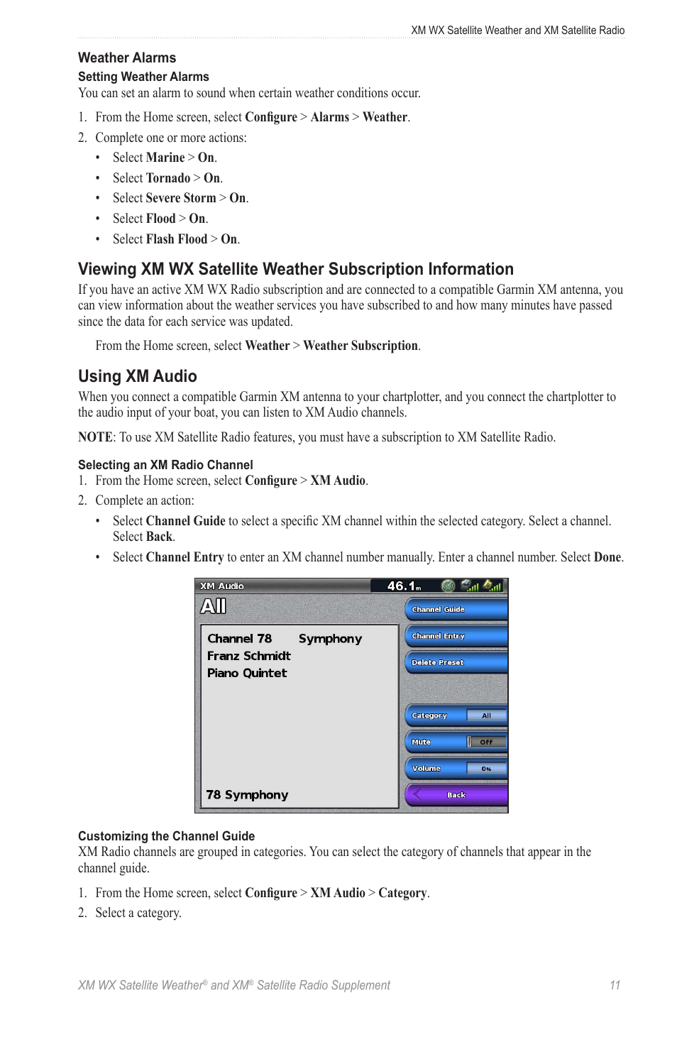 Xm satellite radio, Viewing xm wx satellite weather subscription, Information | Using xm audio | Garmin XM WX User Manual | Page 15 / 22