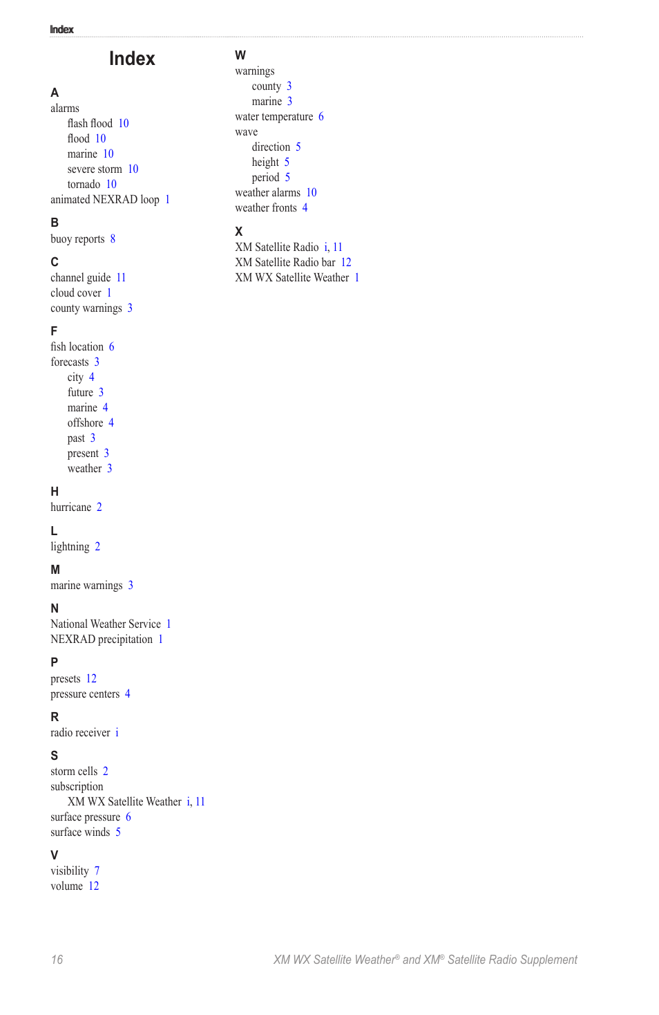 Index | Garmin XM WX User Manual | Page 20 / 22