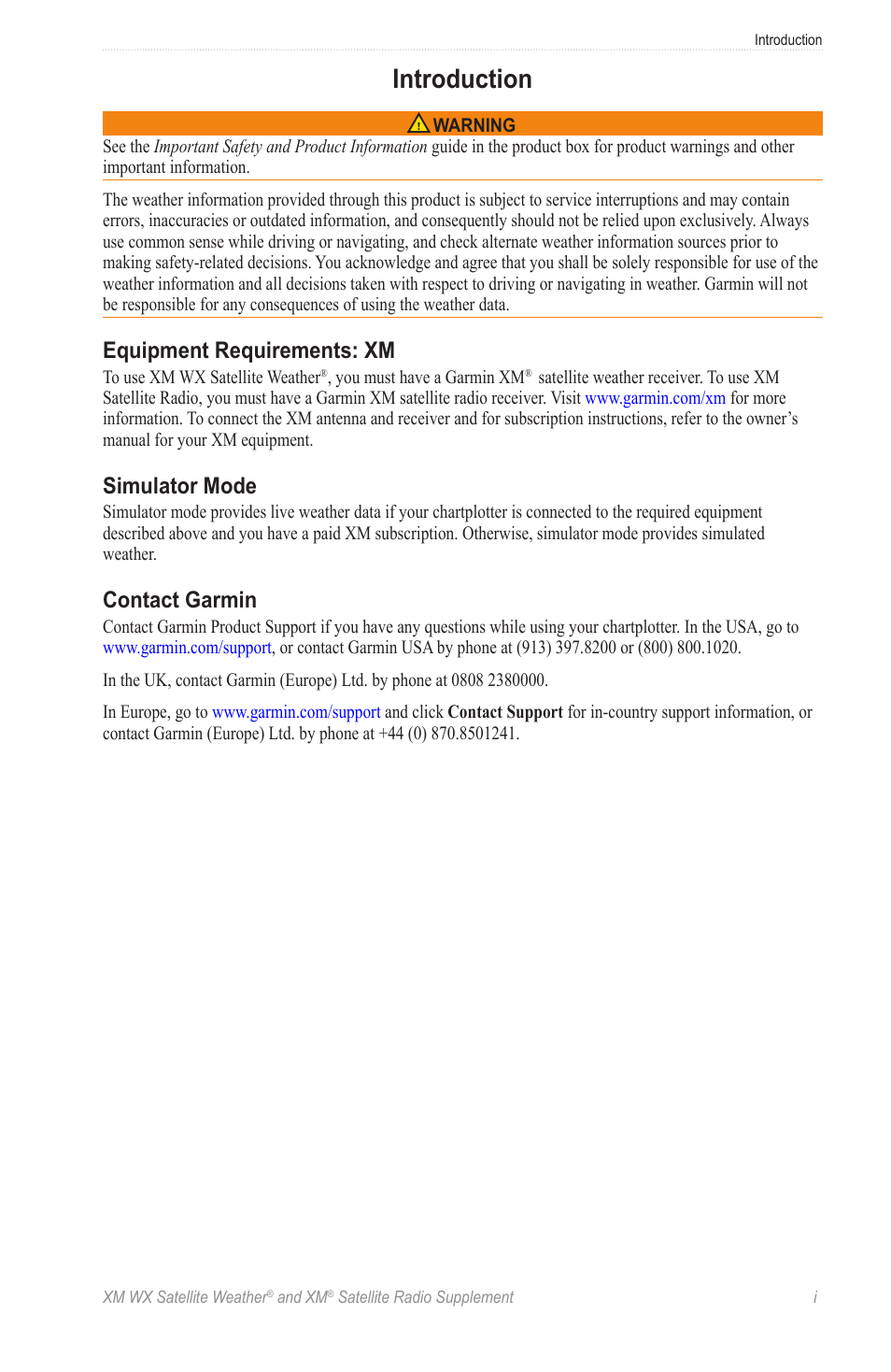 Introduction, Contact garmin, Equipment requirements: xm | Simulator mode | Garmin XM WX User Manual | Page 3 / 22