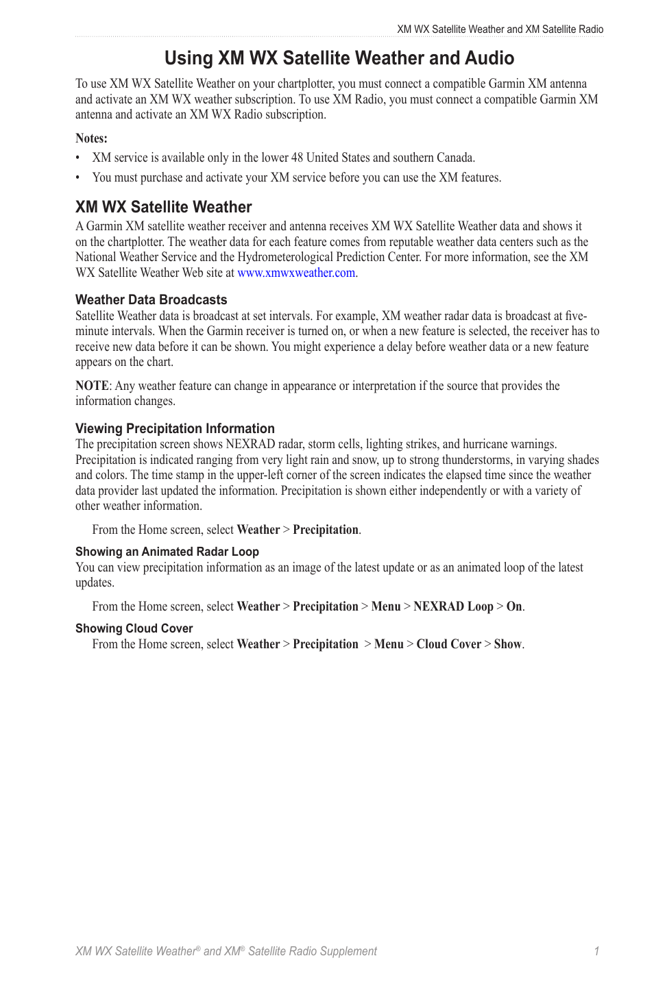 Xm wx satellite weather and xm satellite radio, Xm wx satellite weather, Xm wx satellite weather and xm | Satellite radio, Using xm wx satellite weather and audio | Garmin XM WX User Manual | Page 5 / 22