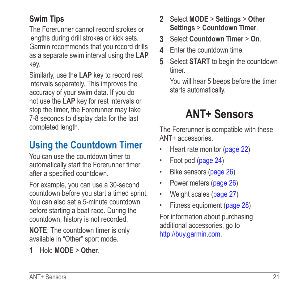 Using the countdown timer, Ant+ sensors | Garmin 910XT User Manual | Page 23 / 56