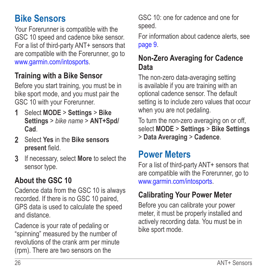 Bike sensors, Power meters | Garmin 910XT User Manual | Page 28 / 56