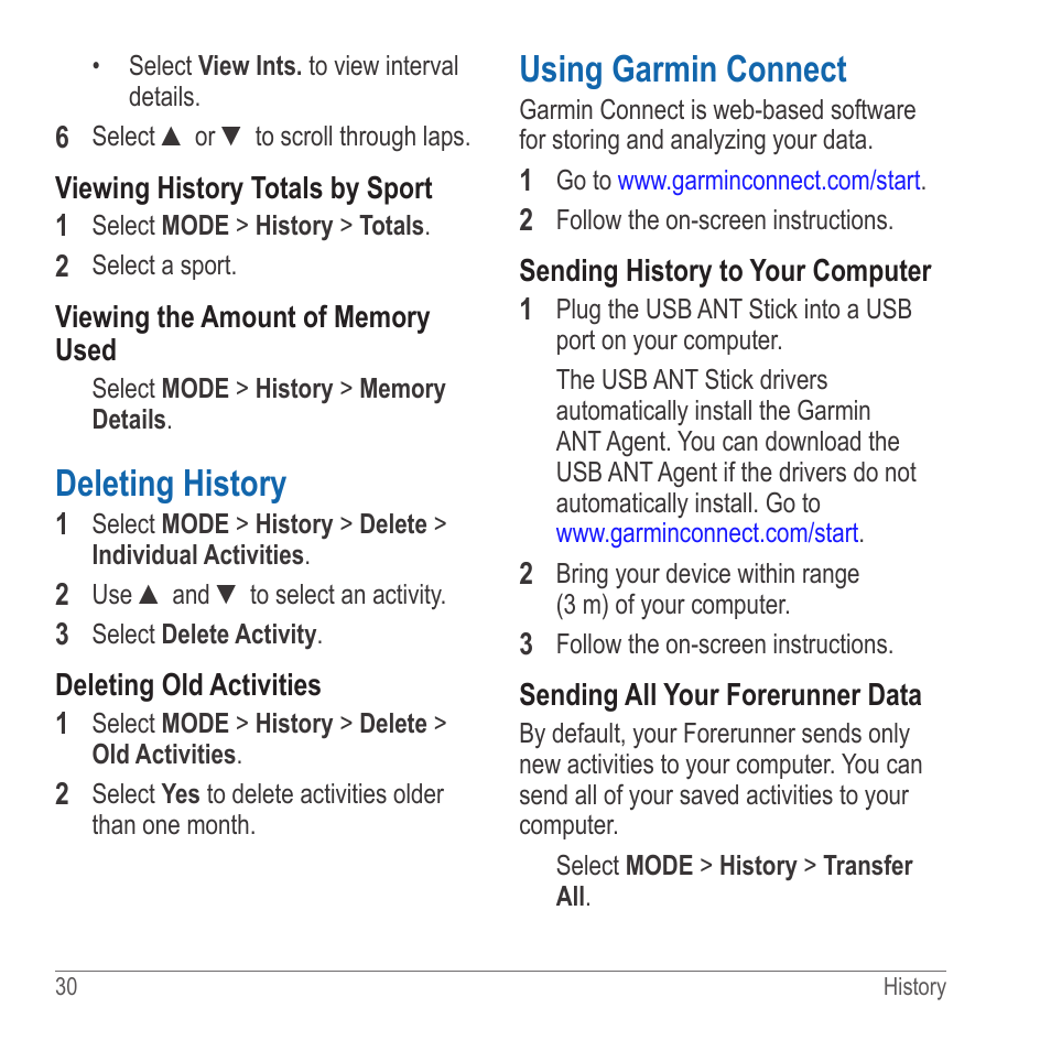 Deleting history, Using garmin connect, Computer | Garmin 910XT User Manual | Page 32 / 56