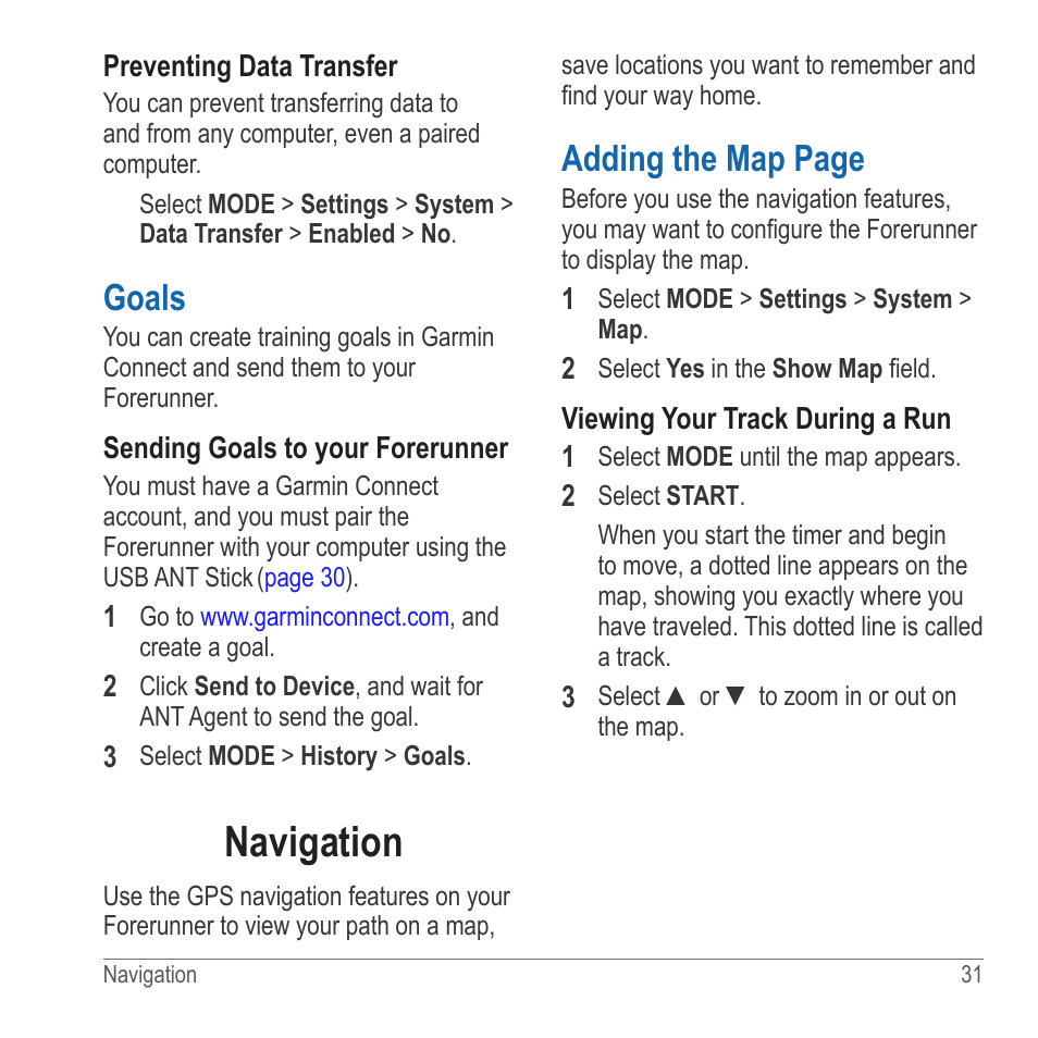 Goals, Navigation, Adding the map page | Garmin 910XT User Manual | Page 33 / 56