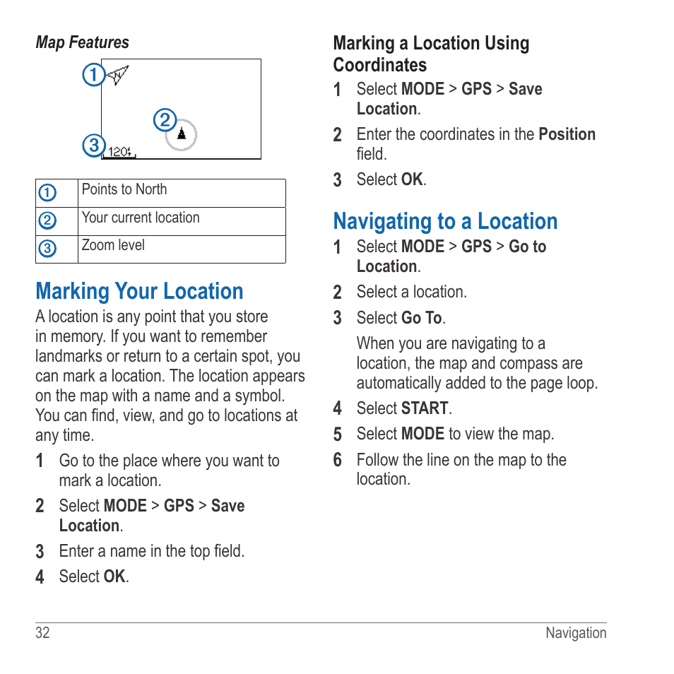 Marking your location, Navigating to a location | Garmin 910XT User Manual | Page 34 / 56