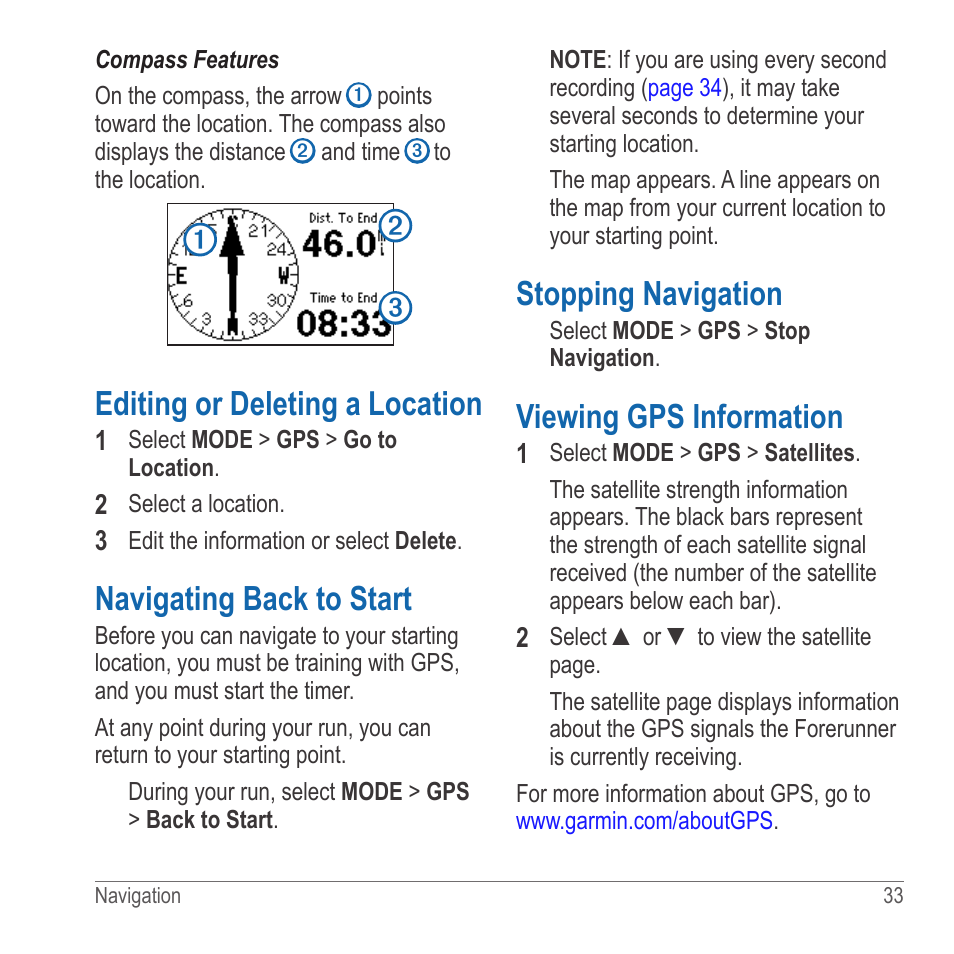 Editing or deleting a location, Navigating back to start, Stopping navigation | Viewing gps information, Settings, see | Garmin 910XT User Manual | Page 35 / 56