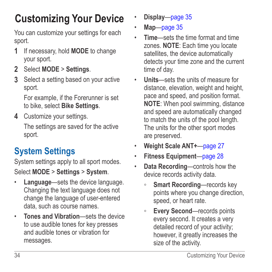 Customizing your device, System settings | Garmin 910XT User Manual | Page 36 / 56