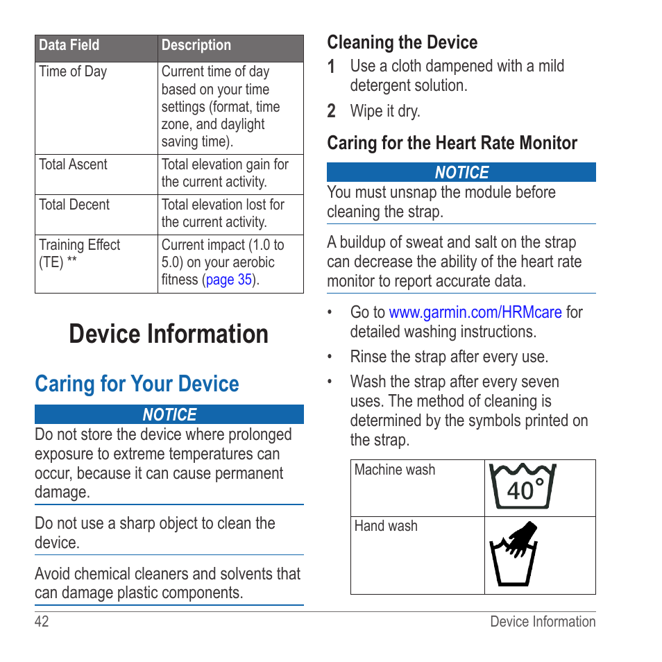 Device information, Caring for your device | Garmin 910XT User Manual | Page 44 / 56