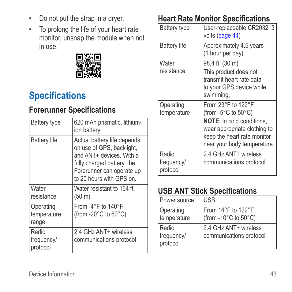 Specifications, Forerunner specifications, Heart rate monitor specifications | Usb ant stick specifications | Garmin 910XT User Manual | Page 45 / 56