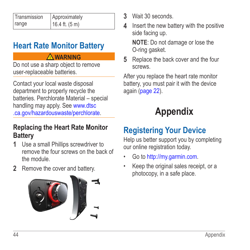 Heart rate monitor battery, Appendix, Registering your device | Garmin 910XT User Manual | Page 46 / 56