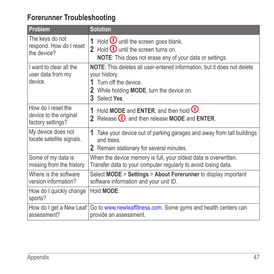 Forerunner troubleshooting | Garmin 910XT User Manual | Page 49 / 56