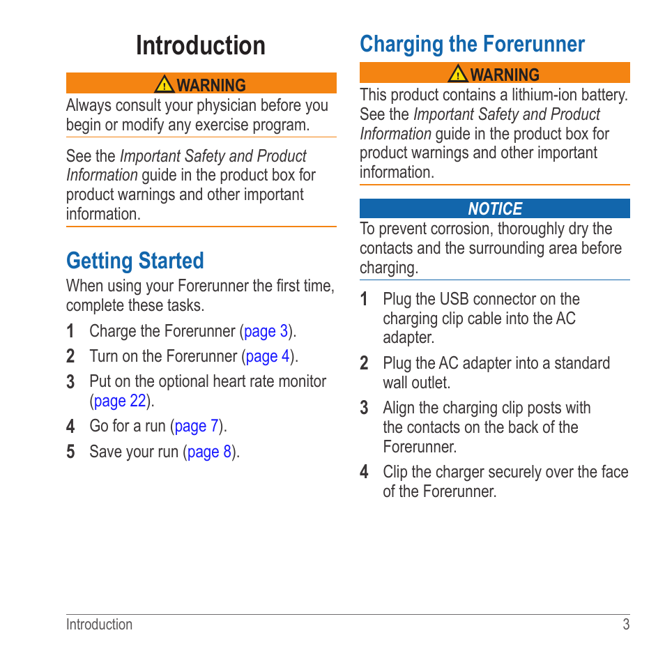 Introduction, Getting started, Charging the forerunner | Garmin 910XT User Manual | Page 5 / 56