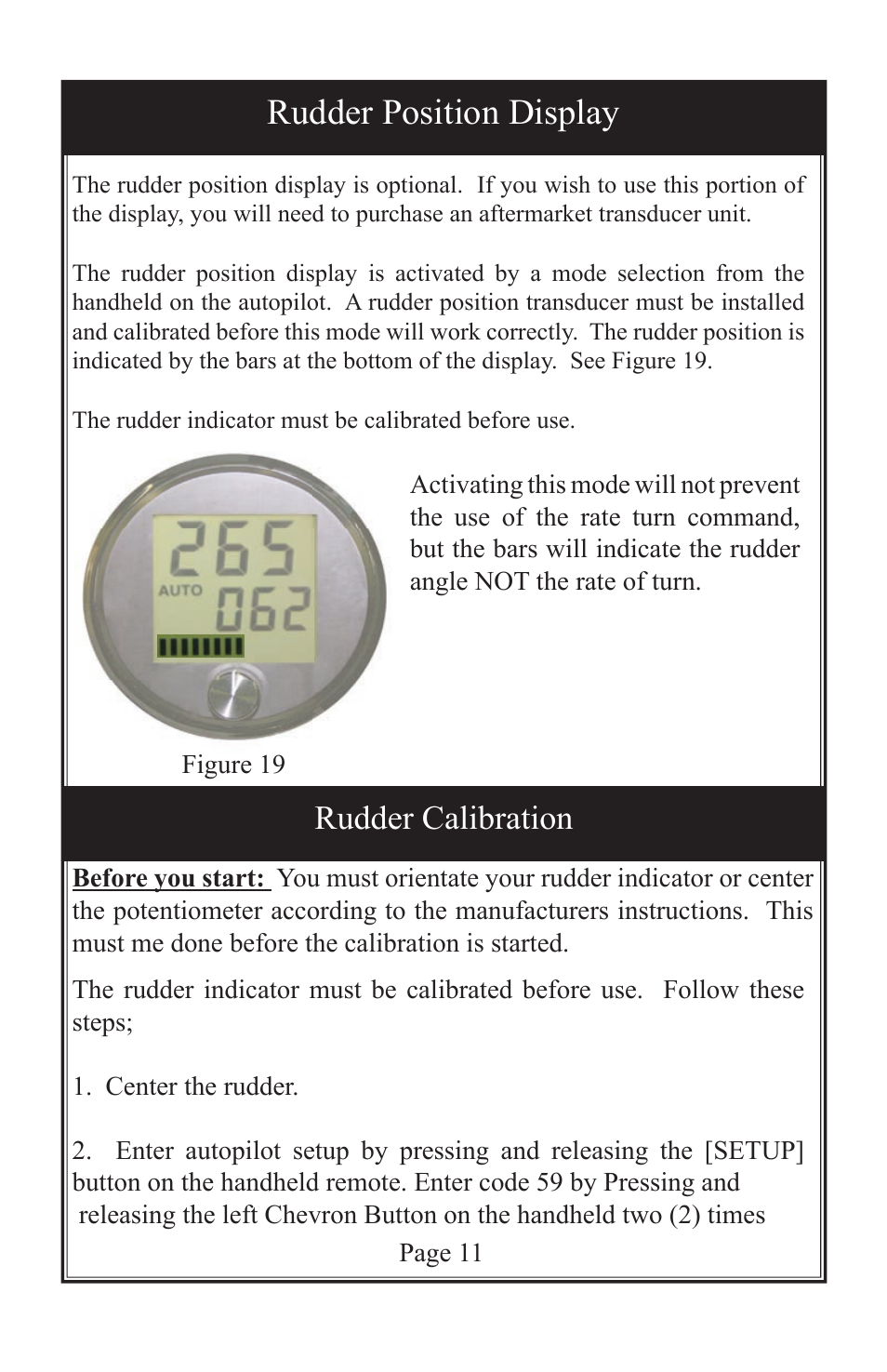 Rudder position display, Rudder calibration | Garmin GLADIATOR TR-1 User Manual | Page 12 / 13