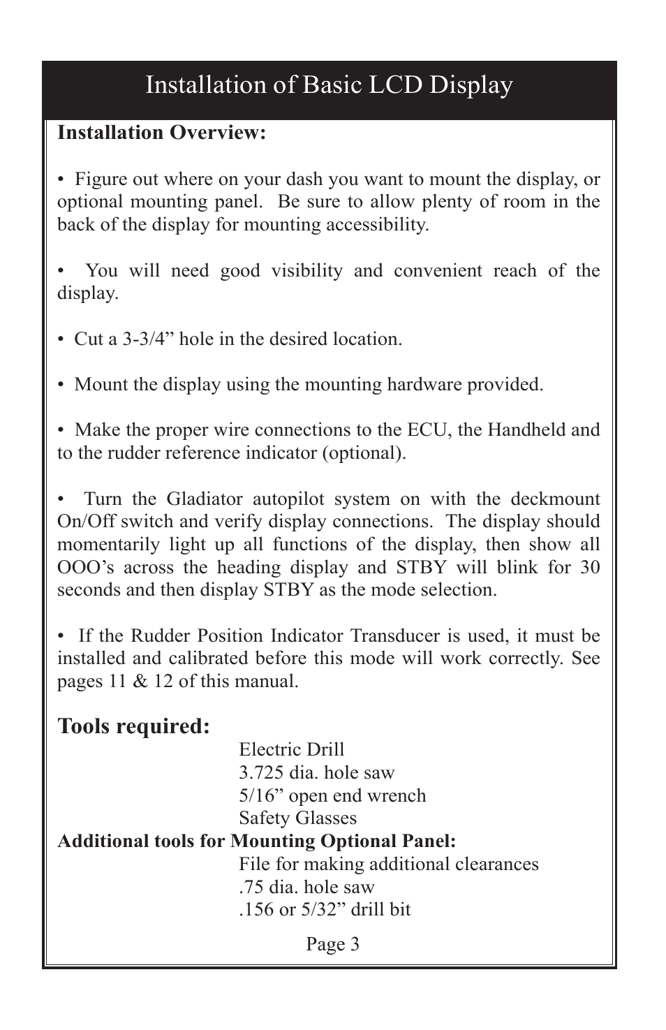 Installation of basic lcd display, Tools required | Garmin GLADIATOR TR-1 User Manual | Page 4 / 13