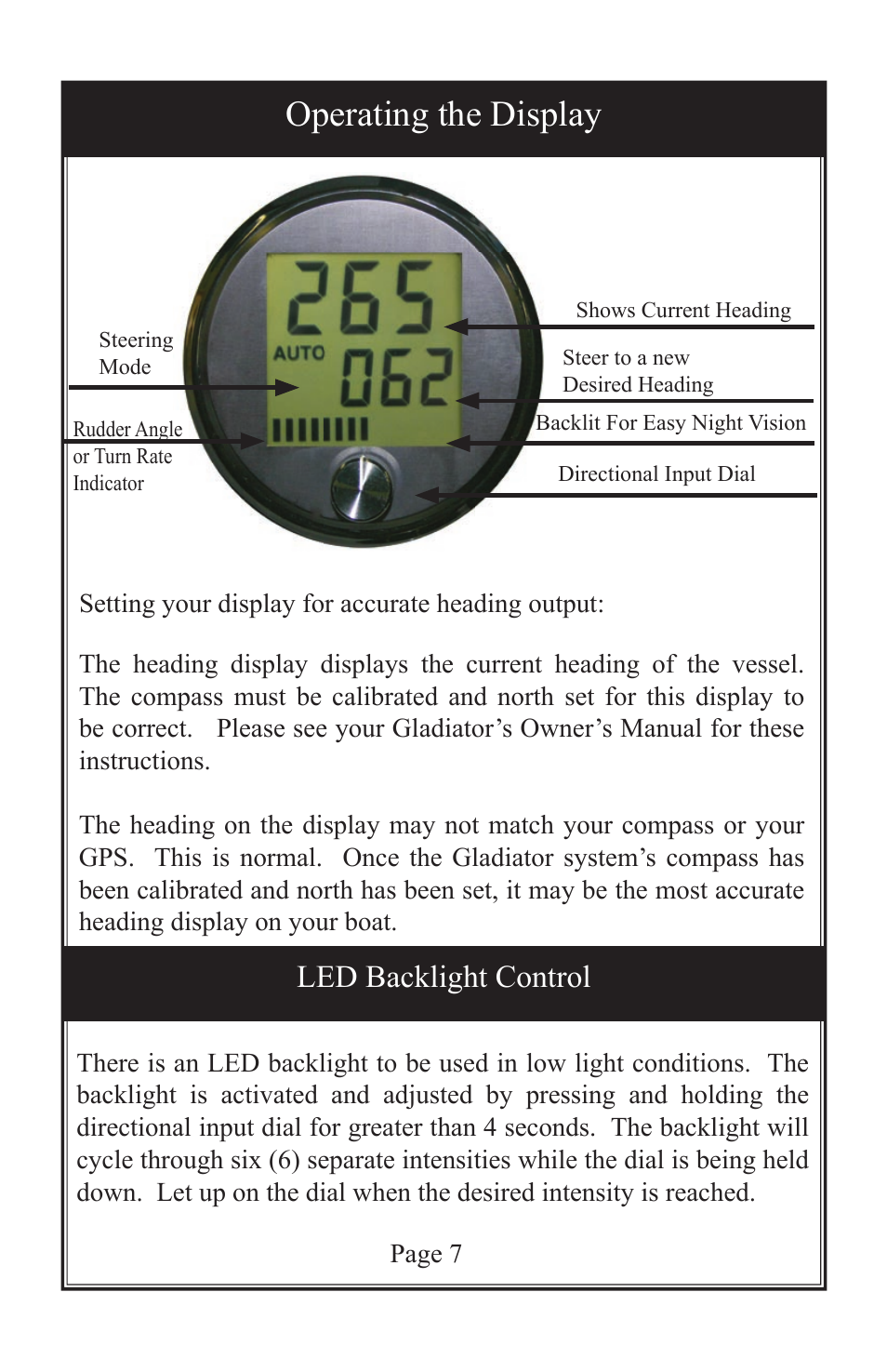Operating the display, Led backlight control | Garmin GLADIATOR TR-1 User Manual | Page 8 / 13