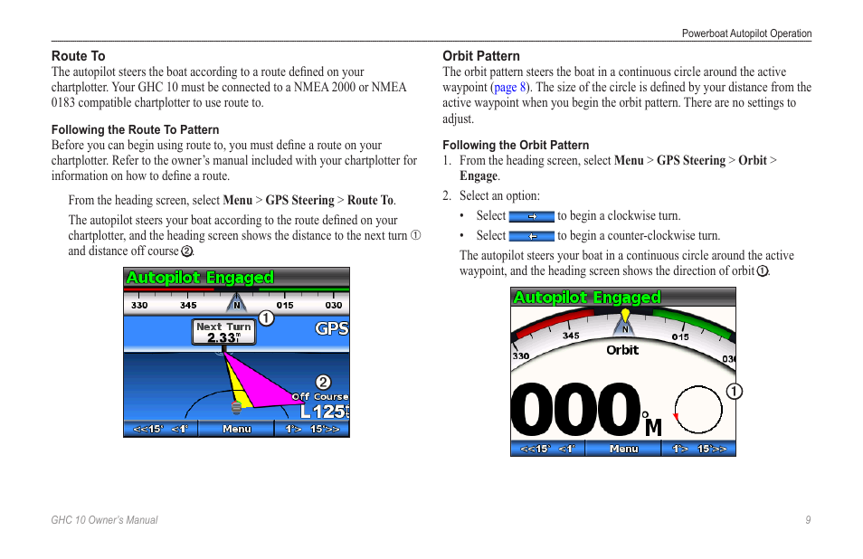 Route to, Orbit pattern | Garmin Ghc 10 User Manual | Page 13 / 28