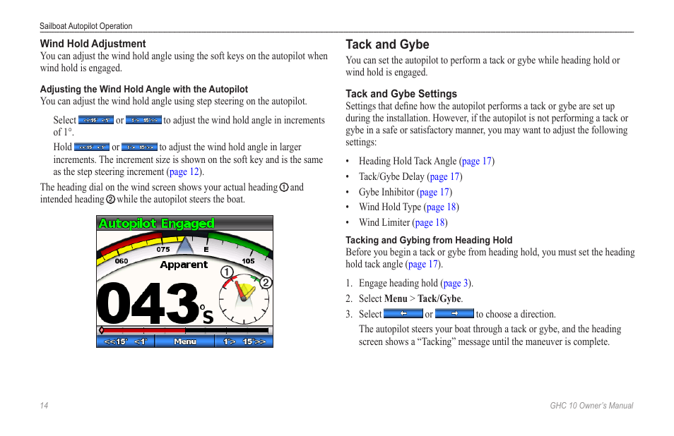 Wind hold adjustment, Tack and gybe, Tack and gybe settings | Garmin Ghc 10 User Manual | Page 18 / 28