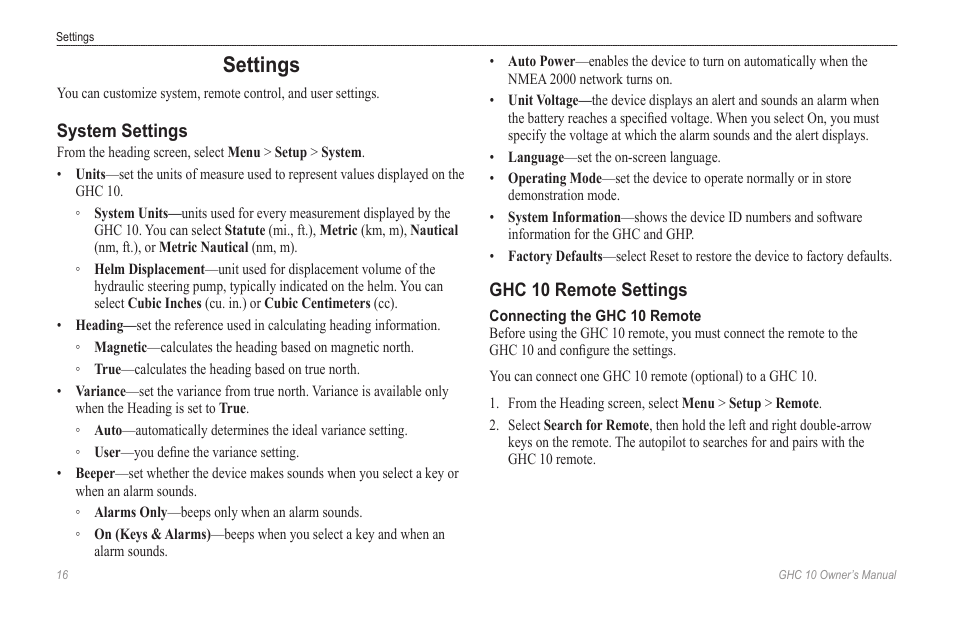 Settings, System settings, Ghc 10 remote settings | Connecting the ghc 10 remote, Connecting the ghc 10, Remote | Garmin Ghc 10 User Manual | Page 20 / 28