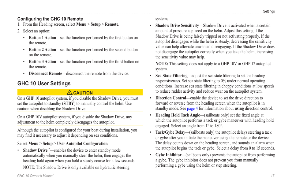 Configuring the ghc 10 remote, Ghc 10 user settings, Configuring the ghc 10 | Remote, Angle, Gybe inhibitor, Hold tack angle | Garmin Ghc 10 User Manual | Page 21 / 28