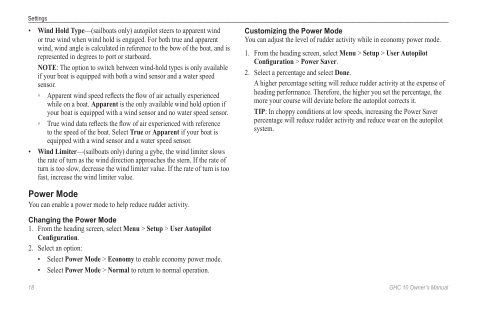 Power mode, Changing the power mode, Customizing the power mode | Ind limiter | Garmin Ghc 10 User Manual | Page 22 / 28