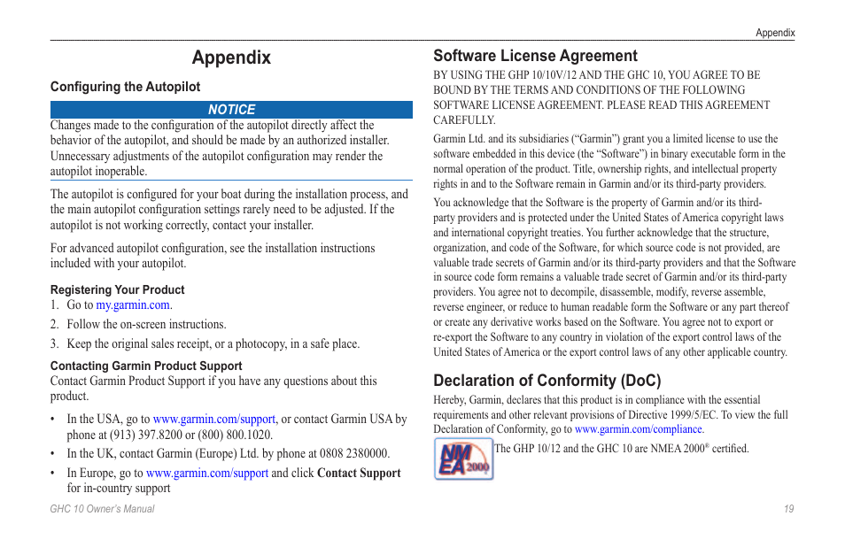 Appendix, Configuring the autopilot, Software license agreement | Declaration of conformity (doc), Declaration of conformity, Doc) | Garmin Ghc 10 User Manual | Page 23 / 28