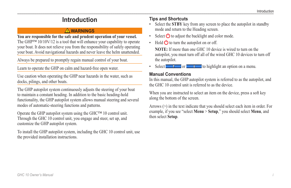 Introduction, Tips and shortcuts, Manual conventions | Garmin Ghc 10 User Manual | Page 3 / 28