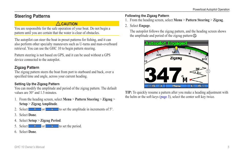 Steering patterns, Zigzag pattern | Garmin Ghc 10 User Manual | Page 9 / 28