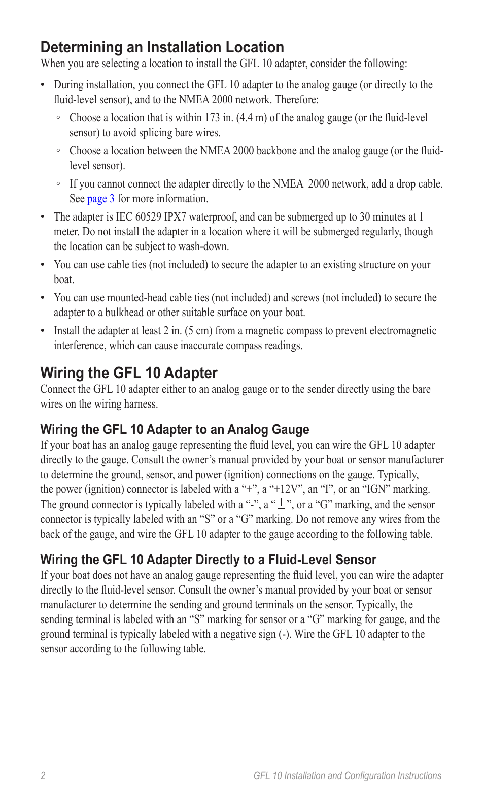 Determining an installation location, Wiring the gfl 10 adapter, Wiring the gfl 10 adapter to an analog gauge | Garmin GFL 10 User Manual | Page 2 / 10