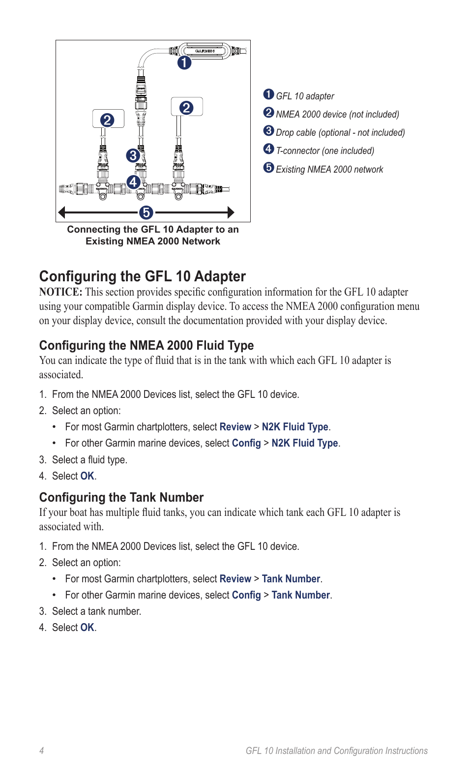 Configuring the gfl 10 adapter, Configuring the nmea 2000 fluid type, Configuring the tank number | Garmin GFL 10 User Manual | Page 4 / 10