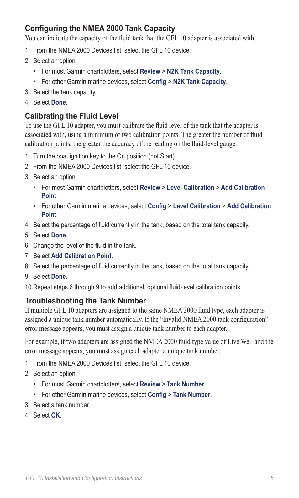 Configuring the nmea 2000 tank capacity, Calibrating the fluid level, Troubleshooting the tank number | Garmin GFL 10 User Manual | Page 5 / 10