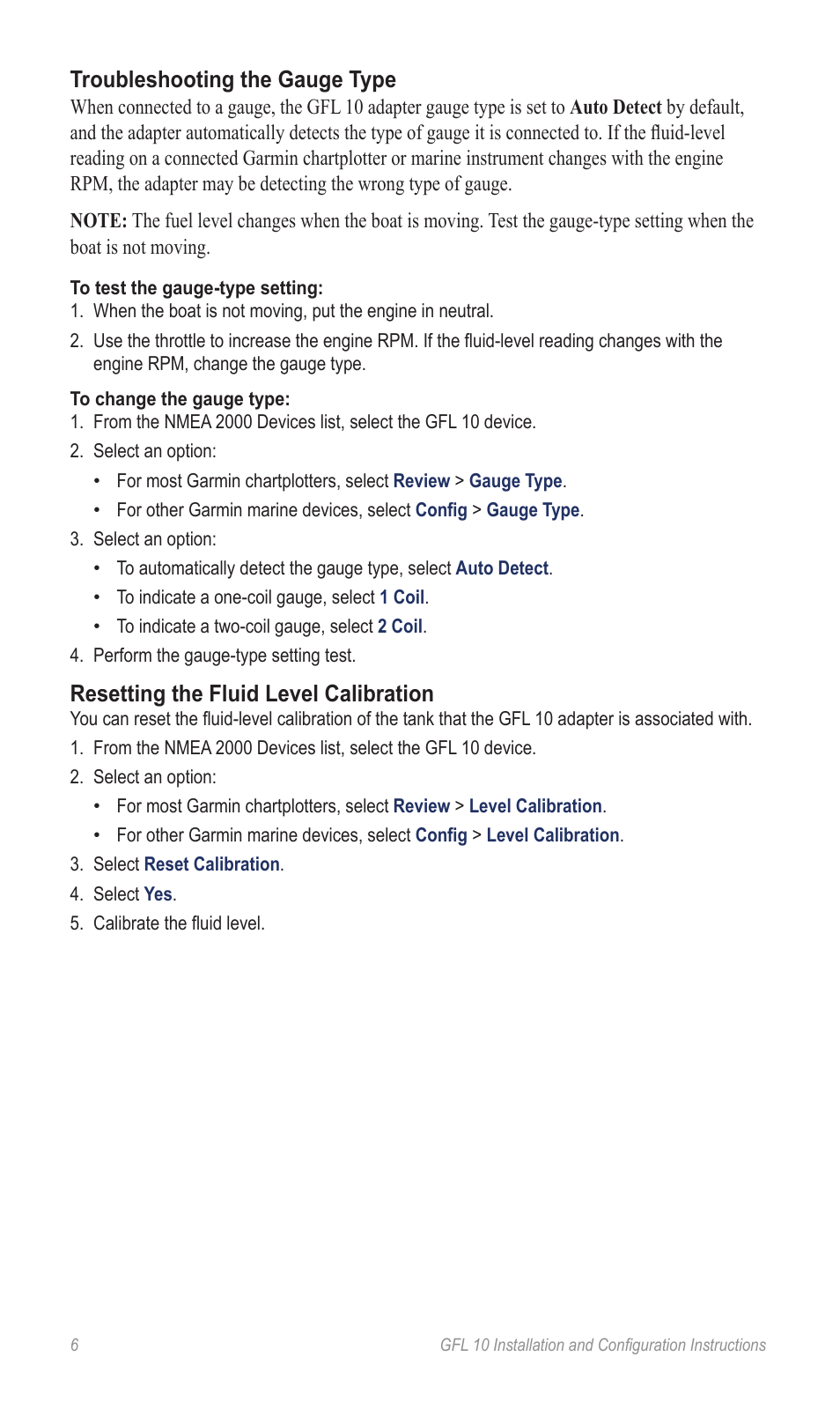 Troubleshooting the gauge type, Resetting the fluid level calibration | Garmin GFL 10 User Manual | Page 6 / 10